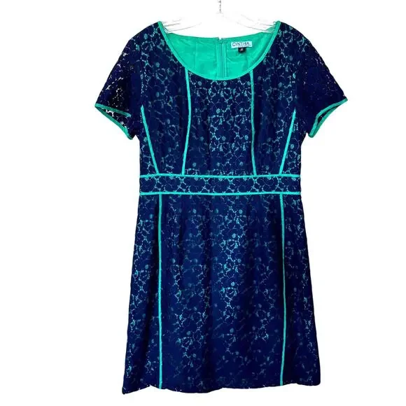 Cynthia Rowley Wms 10 Short Sleeve Blue Green Lace Floral Overlay Sheath Dress - Picture 1 of 9